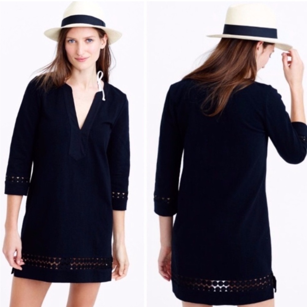 J. Crew Black Eyelet Tunic Dress Cotton 3/4 Sleeve Resort Cover Up Size XS